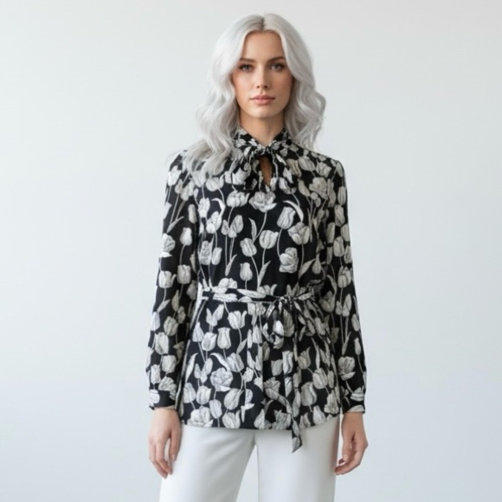 Alex Colman Sports Wear Vintage Floral Print Hood Long Sleeve Black White Tunic - Picture 2 of 13
